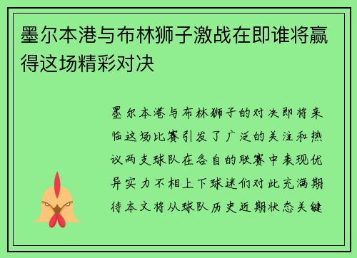 墨尔本港与布林狮子激战在即谁将赢得这场精彩对决