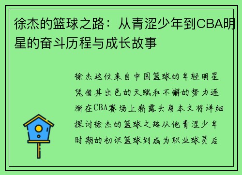 徐杰的篮球之路：从青涩少年到CBA明星的奋斗历程与成长故事